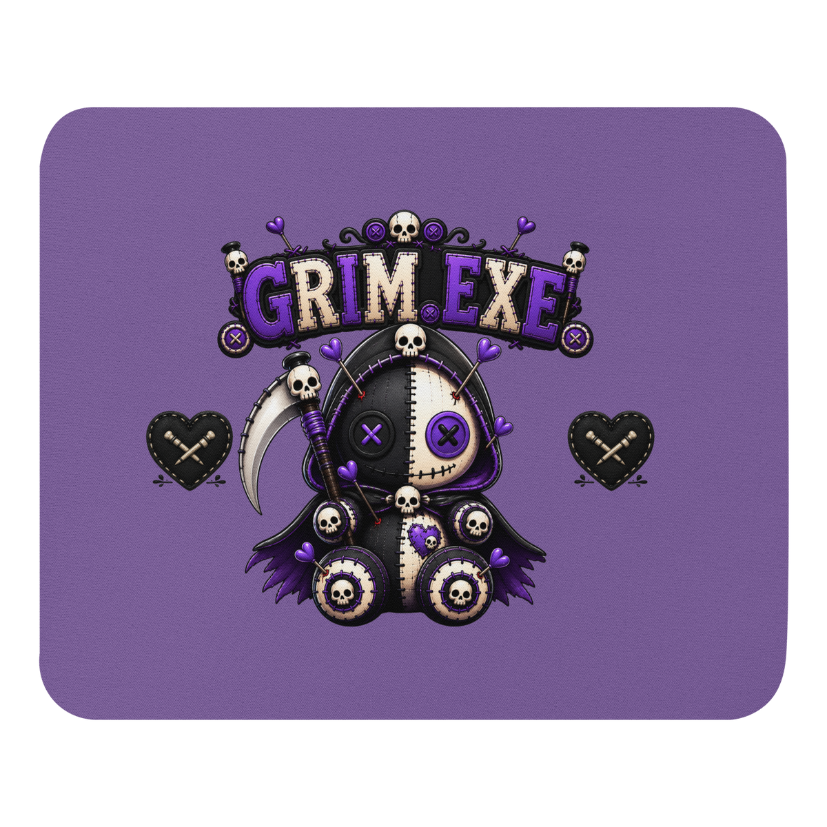 Grim Reaper Mouse Pad – gothic kawaii Halloween desk mat with stitched hood, skull details and purple heart accents, by Voodoo Squad