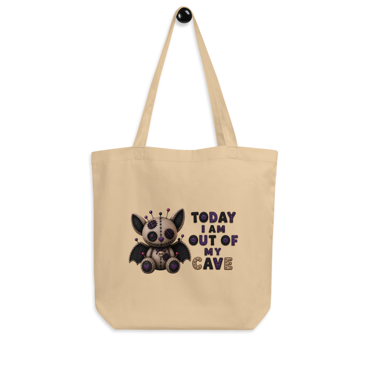 Gus bat tote bag with “Today I Am Out of My Cave” design