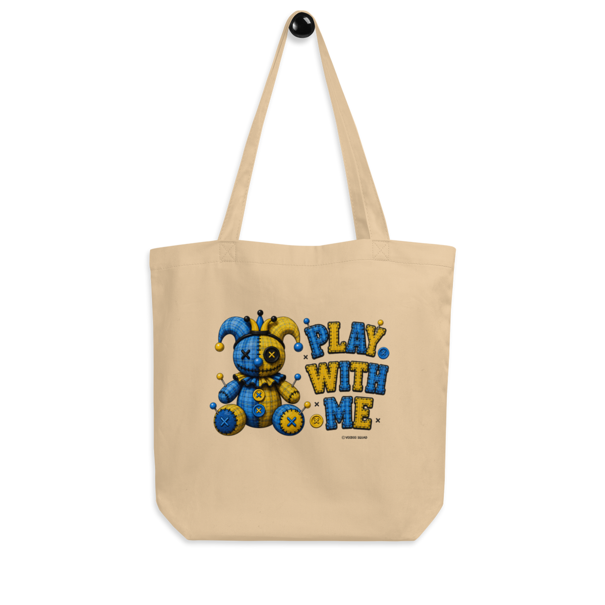 Jolly Clown Tote Bag – playful gothic-cute organic cotton tote with tartan patchwork clown design, Voodoo Squad